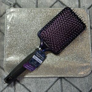 NWT Olivia Garden purple plaid NanoThermic Paddle brush & silver cosmetics bag